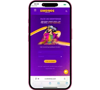 Version mobile de Simsinos Casino affichée sur un smartphone