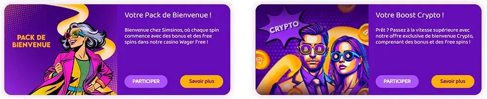 Offres bonus Simsinos Casino : pack de bienvenue et boost sur les dépôts en cryptomonnaie